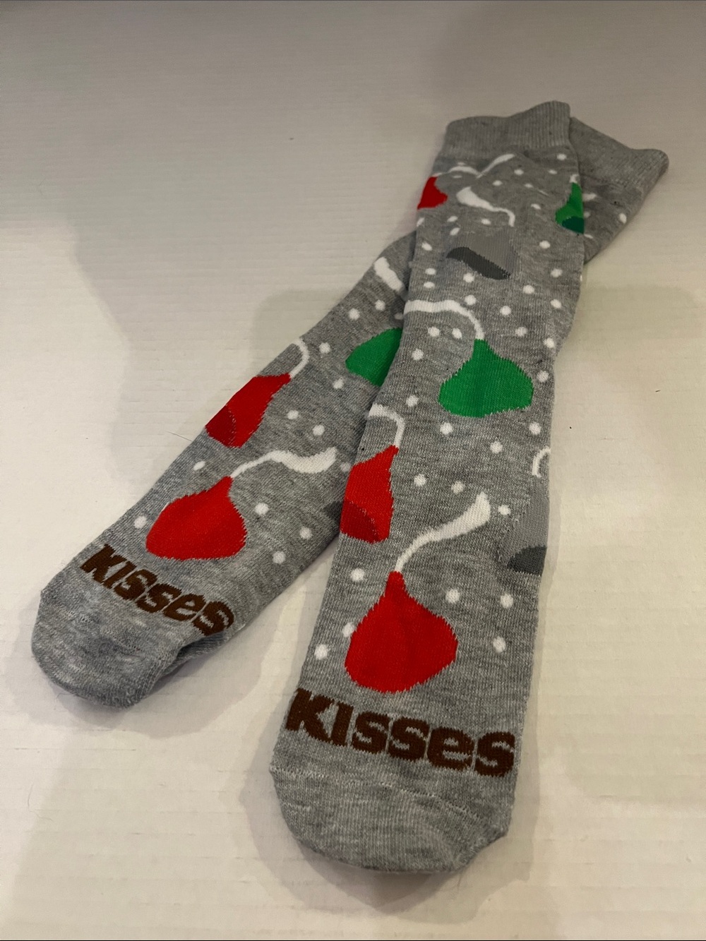 Novelty Hershey Kisses Crew Socks - Gray w Red, Green, & Gray Kisses - Unisex